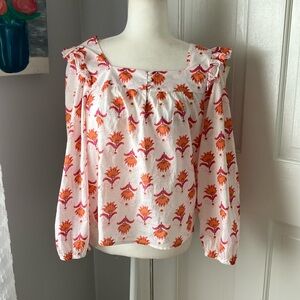 J Crew square neck ruffle shoulder floral cotton top EUC 10